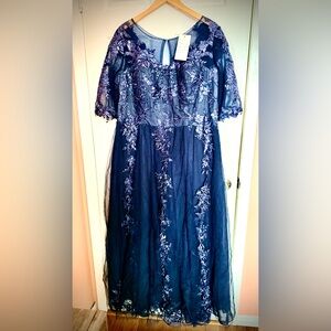 Navy Embroidered Tulle Evening Gown